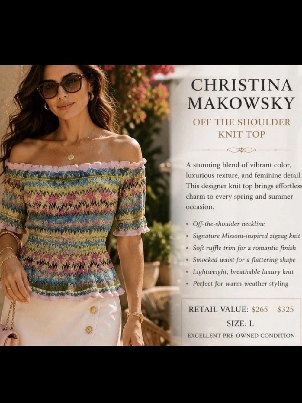 Knit Off Shoulder Luxury Peplum
Top L Boho Designer Zigzag
Christina Makowsky